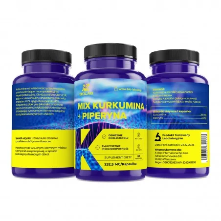Curcumina + Piperina, extracto estandarizado 95% de curcuminoides 252.5 mg, 60 cápsulas
