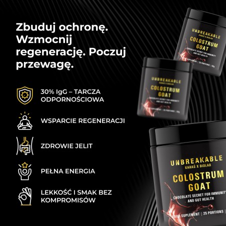 Goat Colostrum - colostrum kozie 30% IgG, UNBREAKABLE Karaś x Biolab, smak czekoladowy 50g (25 porcji)