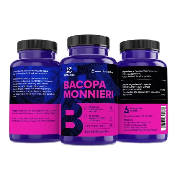 Bacopa monnieri, standardiserat extrakt 50% bakosider 500 mg, 60 kapslar