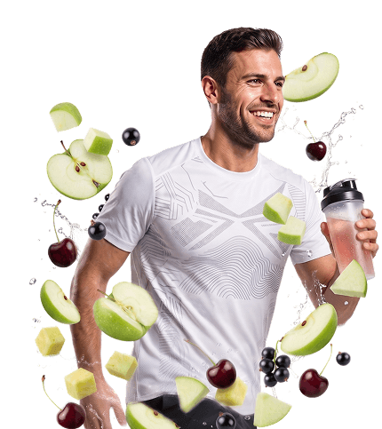 Mężczyzna w stroju sportowym biegnie, trzymając shaker