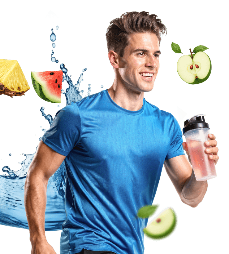 Mężczyzna w stroju sportowym biegnie, trzymając shaker