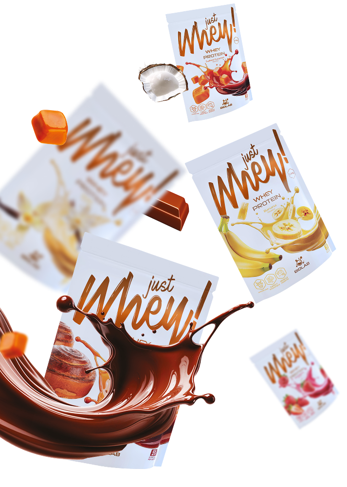 Floating Just Whey packages in various flavours with a chocolate splash and fruit accents.