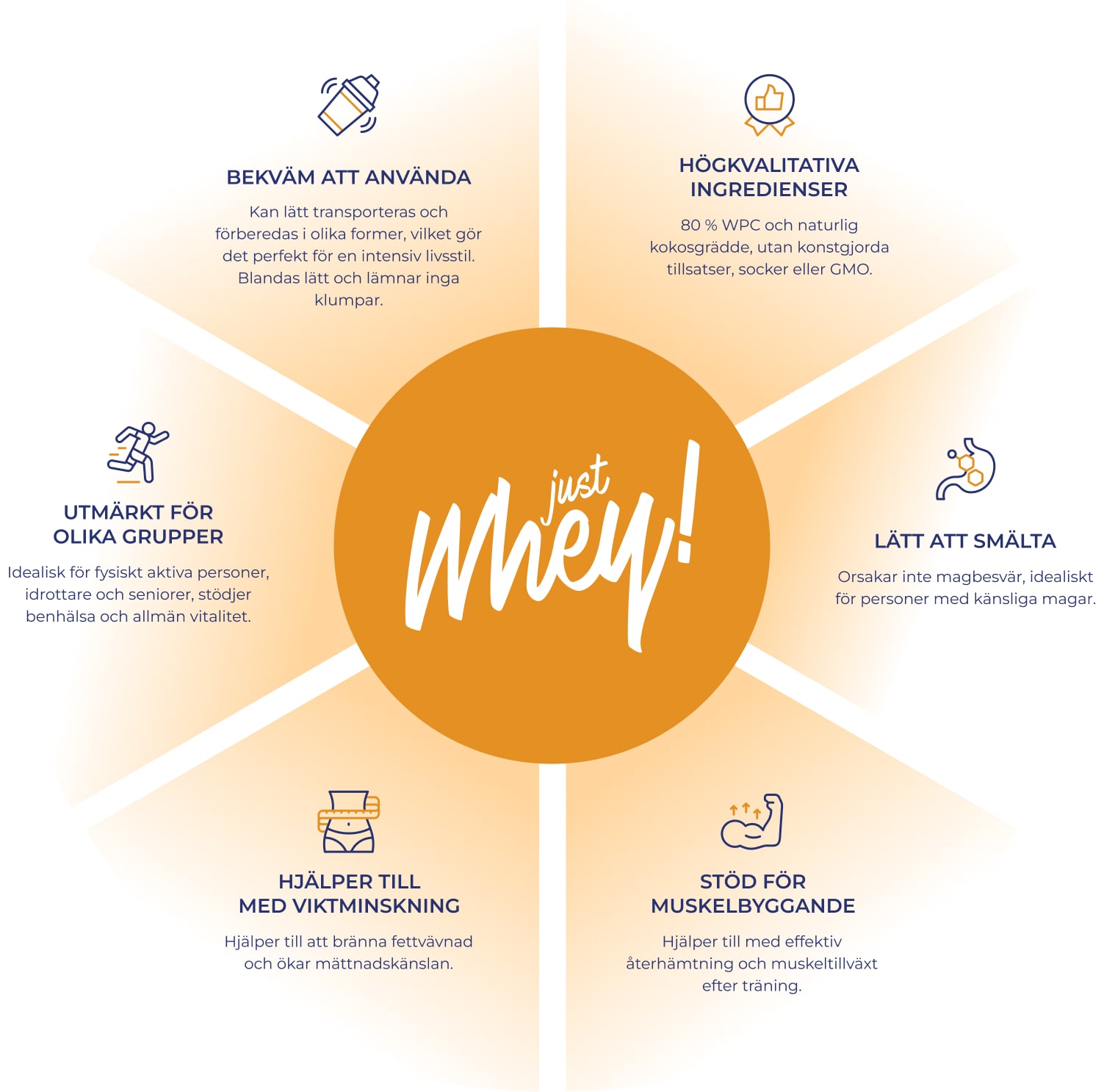 Just Whey-infografik med logotyp i centrum och ikoner som visar produktens nyckelfördelar.