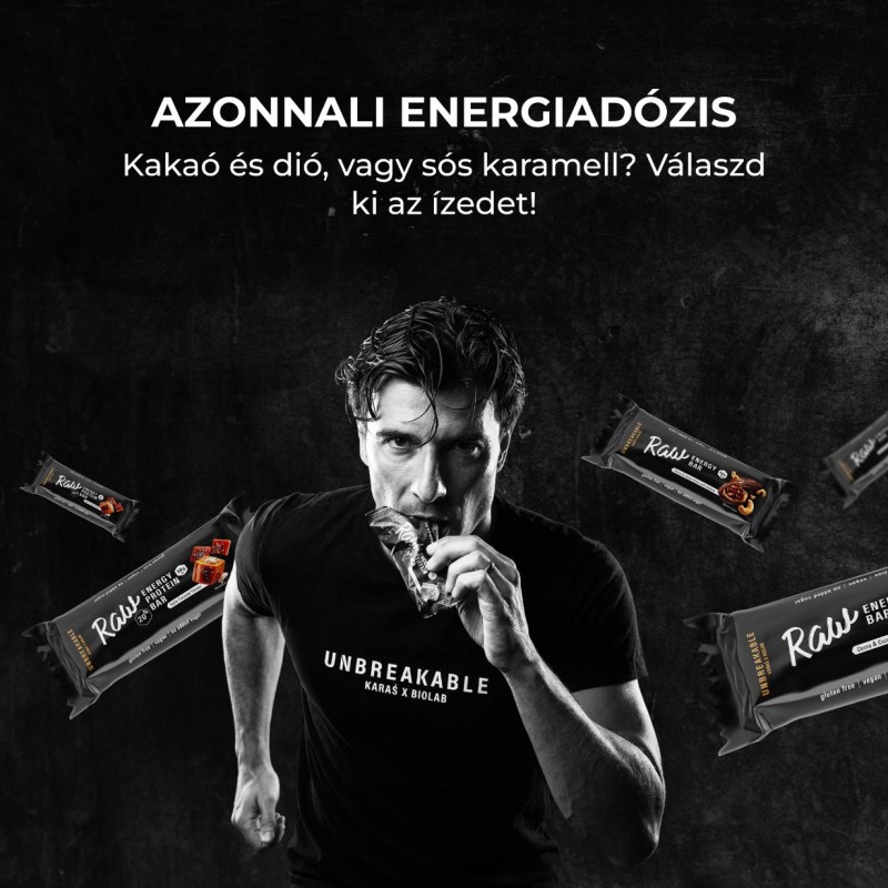 RAW Energy Bar, UNBREAKABLE Karaś x Biolab, energiaszelet kakaó és kesudió, 50g