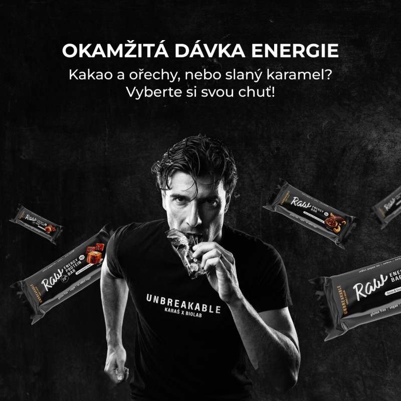 RAW Energy 20% Protein Bar, UNBREAKABLE Karaś x Biolab, proteinová tyčinka slaný karamel, 50g