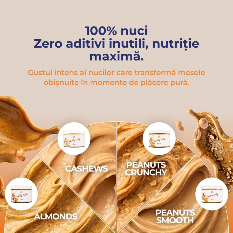 Unt de arahide 100% Smooth/Crunchy, NAUGHTY NUTTY, 500g