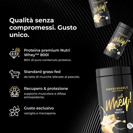 Just Whey! proteine del siero del latte premium Nutri Whey™, UNBREAKABLE Karaś x Biolab, gusto vaniglia-marzapane 1 kg