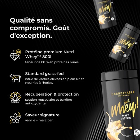 Just Whey! poudre de protéine premium Nutri Whey™, UNBREAKABLE Karaś x Biolab, saveur vanille-maspain 1 kg