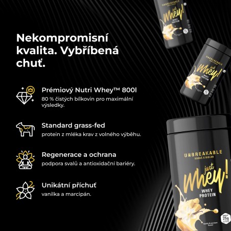 Just Whey! syrovátkový protein premium Nutri Whey™, UNBREAKABLE Karaś x Biolab, příchuť vanilka-marcipán 1 kg