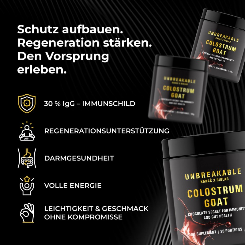 Goat Colostrum - Ziegenkolostrum 30% IgG, UNBREAKABLE Karaś x Biolab, Geschmack Schokolade 50g (25 Portionen)