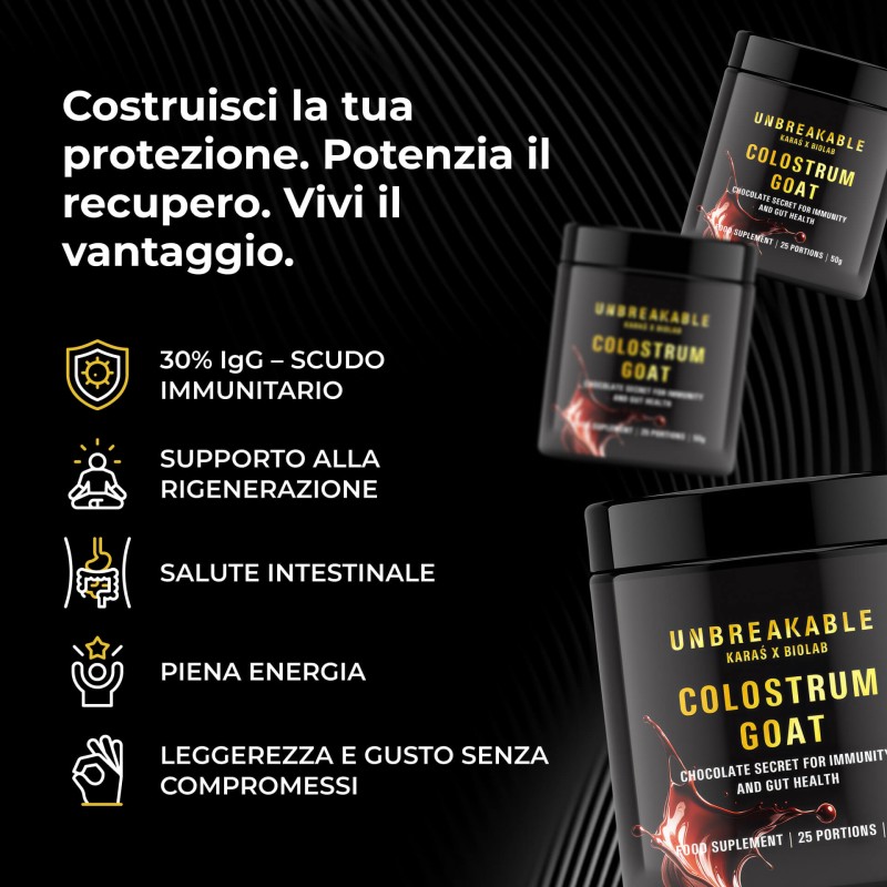 Goat Colostrum - colostro di capra 30% IgG, UNBREAKABLE Karaś x Biolab, gusto cioccolato 50g (25 porzioni)