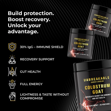 Goat Colostrum - kazu jaunpiens 30% IgG, UNBREAKABLE Karaś x Biolab, šokolādes garša 50g (25 porcijas)
