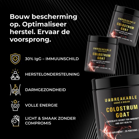 Goat Colostrum - geitencolostrum 30% IgG, UNBREAKABLE Karaś x Biolab, chocoladesmaak 50g (25 porties)