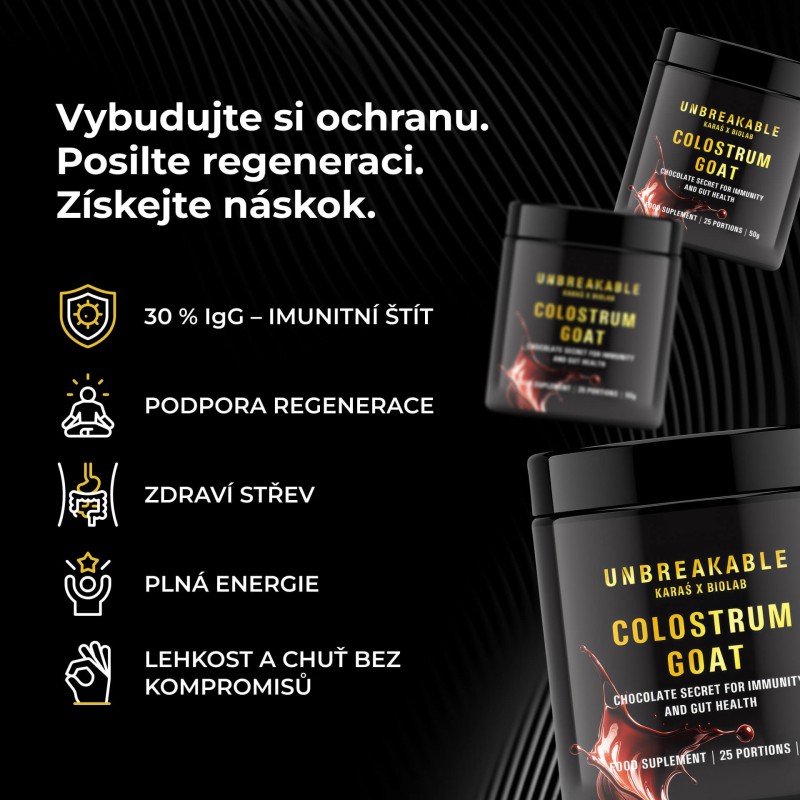 Goat Colostrum - kozí kolostrum 30% IgG, UNBREAKABLE Karaś x Biolab, příchuť čokoláda 50g (25 porcí)