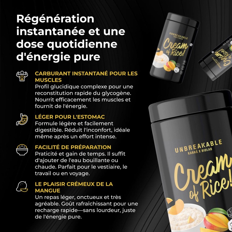 Cream of Rice, UNBREAKABLE Karaś x Biolab, repas de riz nutritif au goût mangue, 1 kg