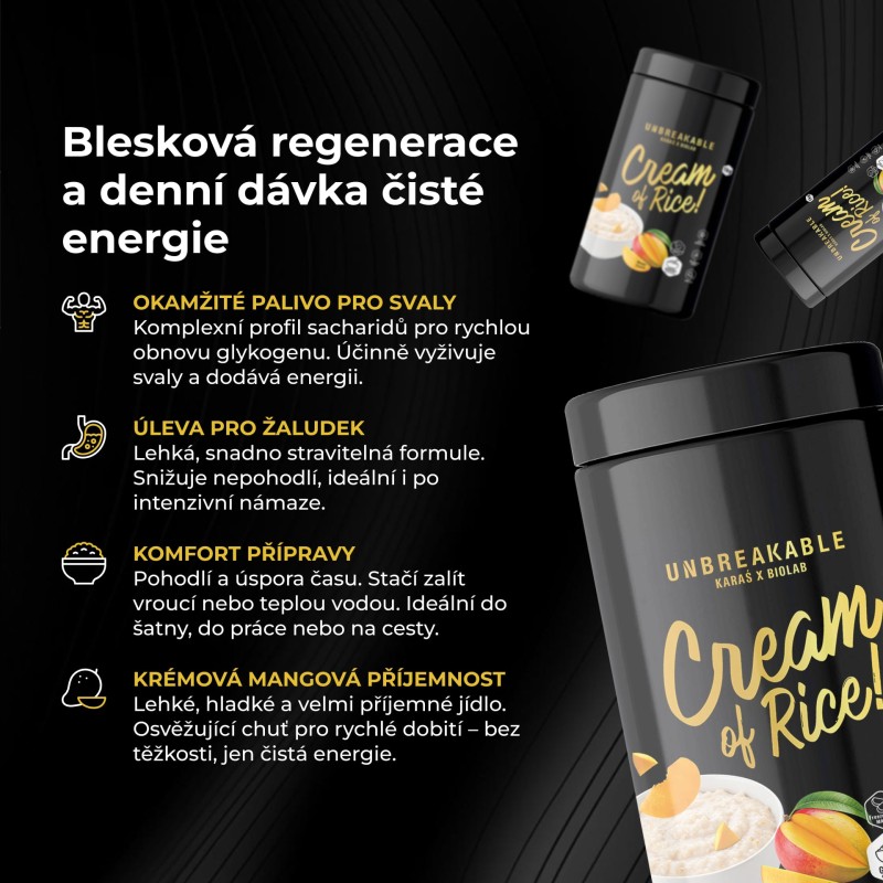 Cream of Rice, UNBREAKABLE Karaś x Biolab, výživné rýžové jídlo s mangovou příchutí, 1 kg